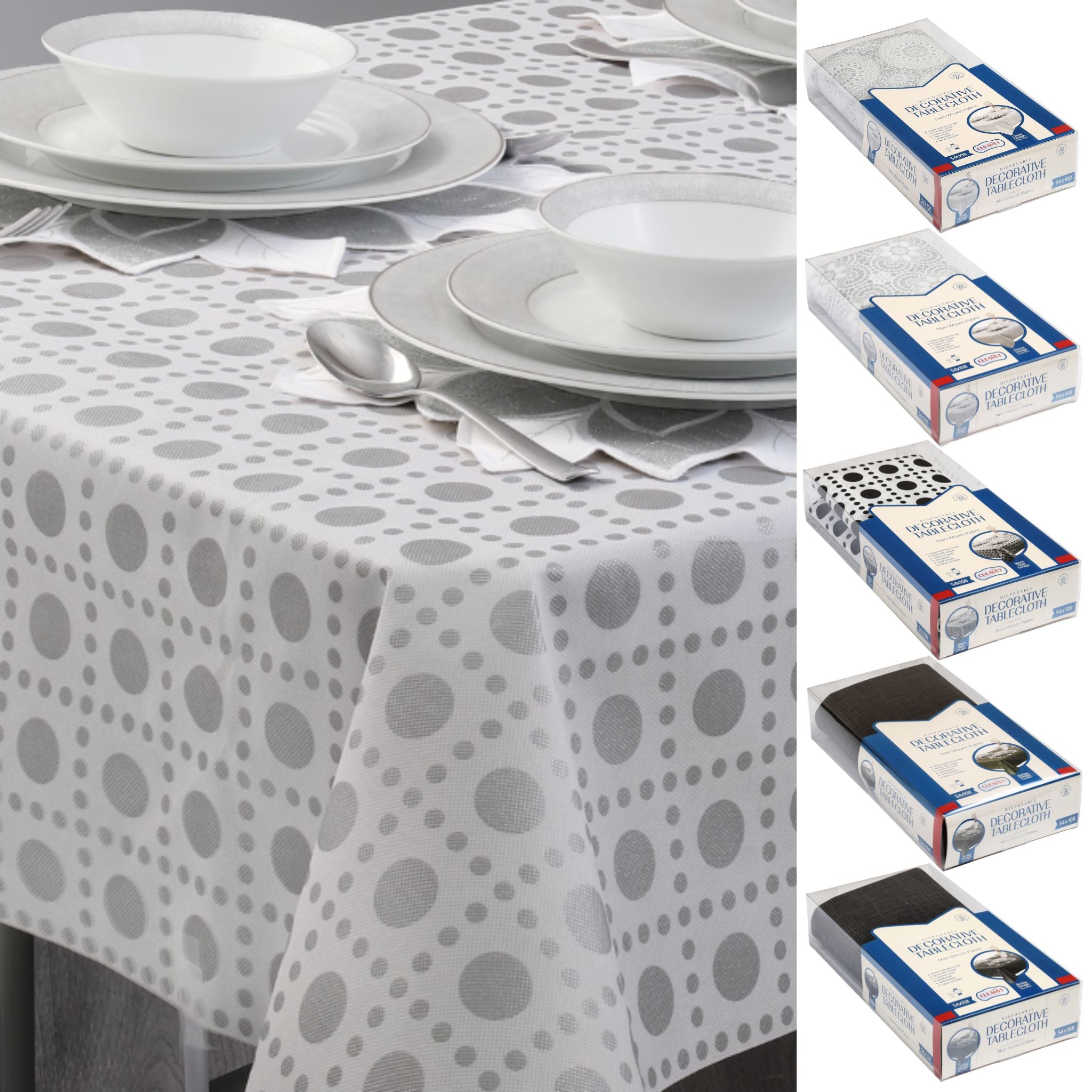 Decorative Tablecloth Waterproof Non-Woven Fabric 54"W x 108"L Rectangle, Flower White/Silver, Disposable yet Reusable