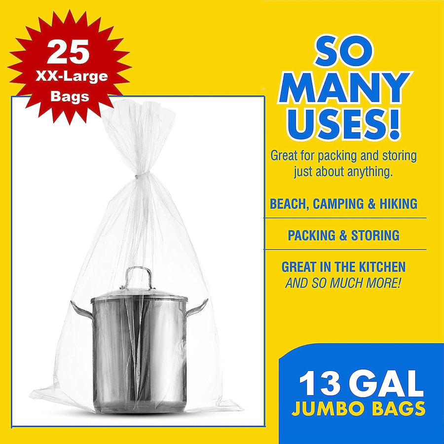[ 25 Count ] Extreme Thick Extra Large Super Spacious Strong Clear Big Bags, Zipper, 5 Gallon, Heavy Duty 4 Mill, Plastic Food Storage Bags for