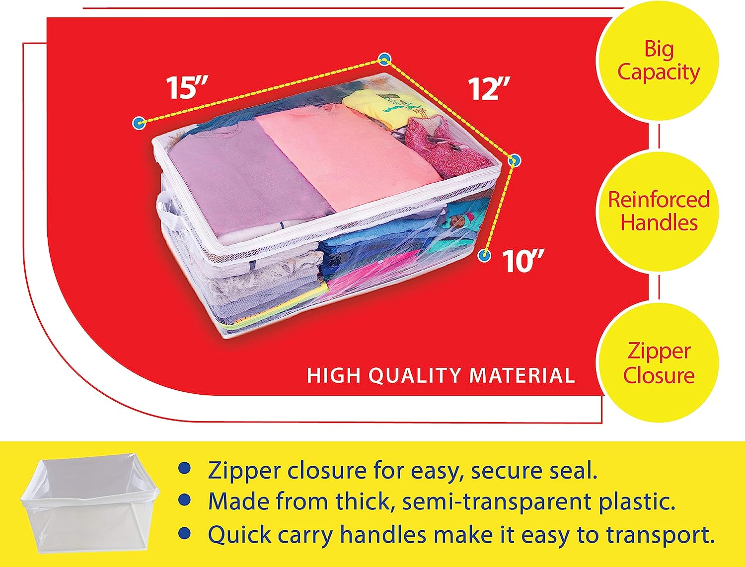 Clear Flexible Zipper Storage Bags Organizer, Flexible Thick Plastic Totes for Easy and Convenient Storage, (Pack of 4)