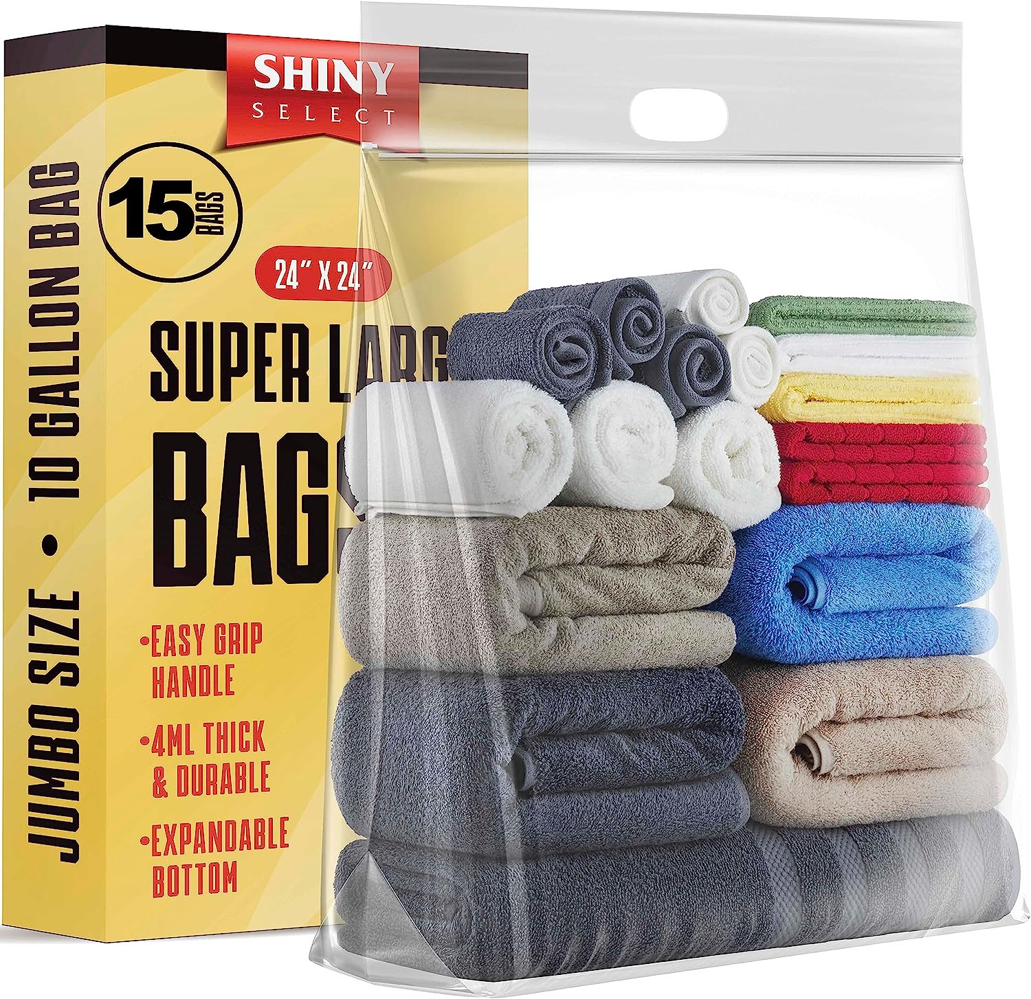 Jumbo Size Extra Large BIG Zipper Storage Bags With Handle, Huge 10 Gallon Bag, Size 24" x 24" , 4 Mil. Thick,