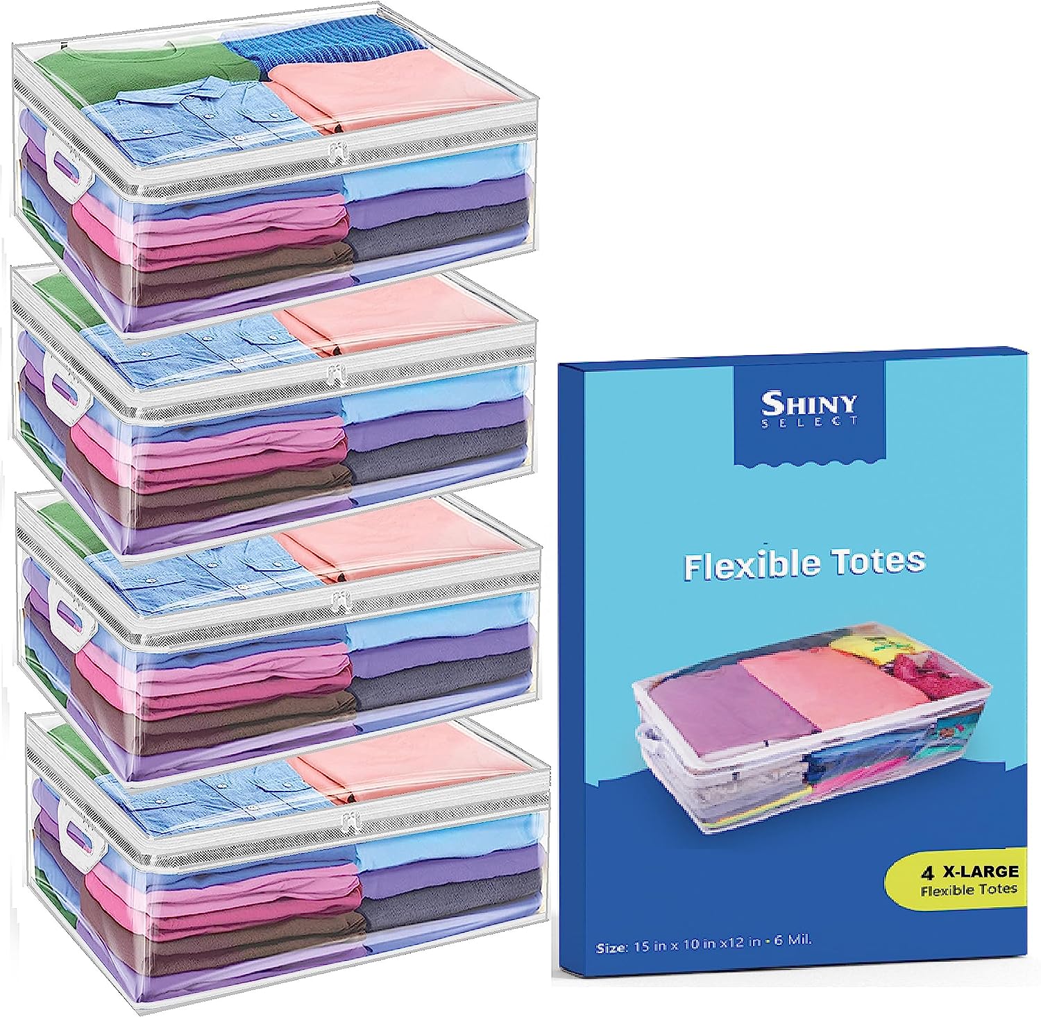 Clear Flexible Zipper Storage Bags Organizer, Flexible Thick Plastic Totes for Easy and Convenient Storage, (Pack of 4)