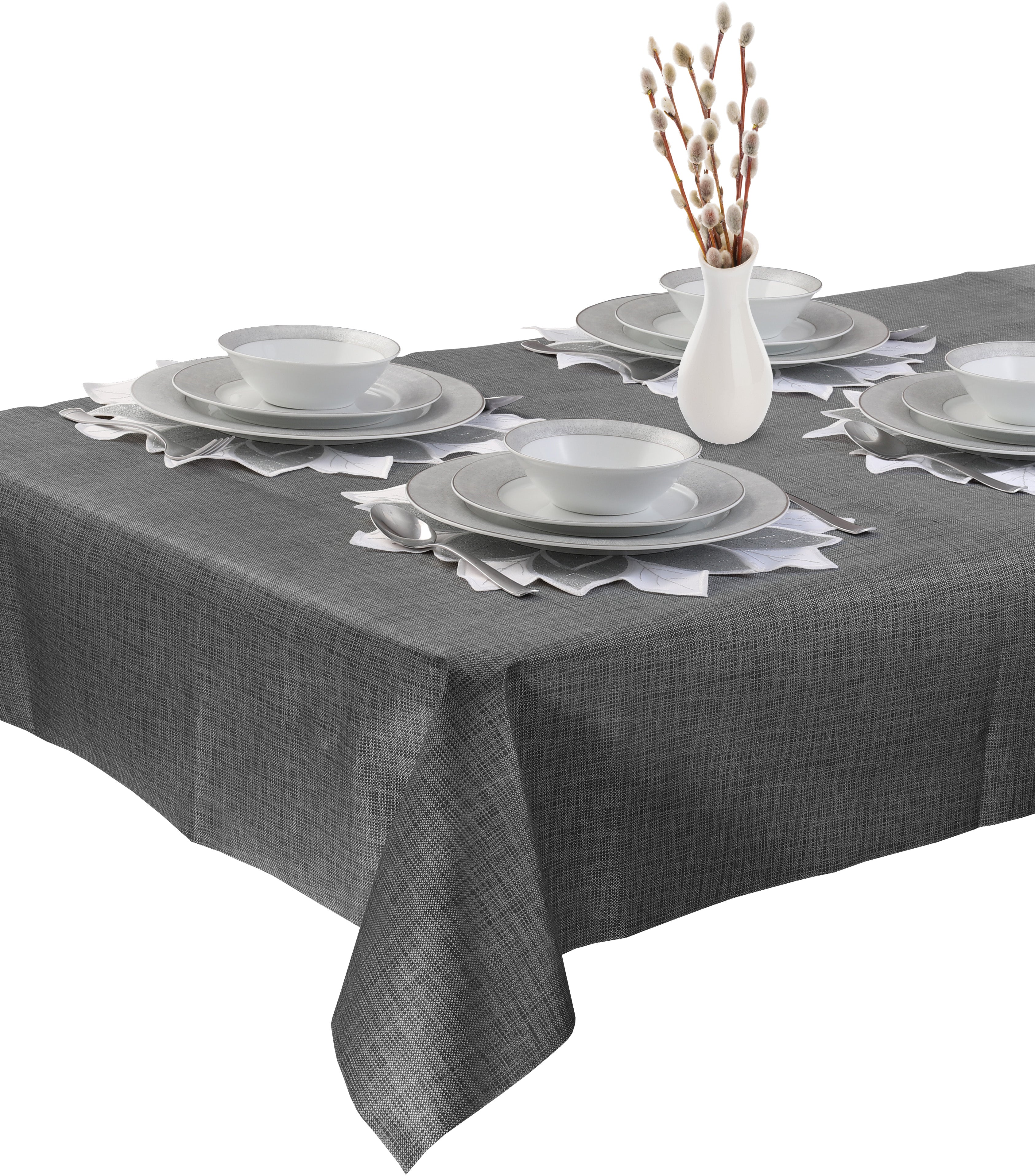 Decorative Tablecloth Waterproof Non-Woven Fabric 54"W x 108"L Rectangle, Flower White/Silver, Disposable yet Reusable