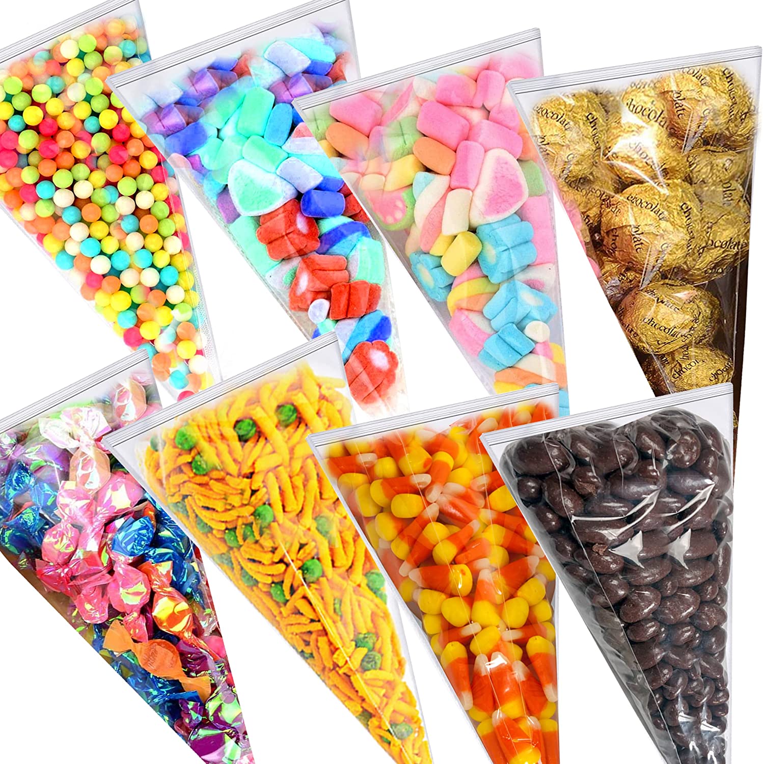 Halloween Treats Cone Shape Triangle Treat Favor Party Bags with ZIPPER for Candy, Popcorn, Goodies, Sweets, Chocolate, Gifts & Birthday Party Favorites [Pack of 100]