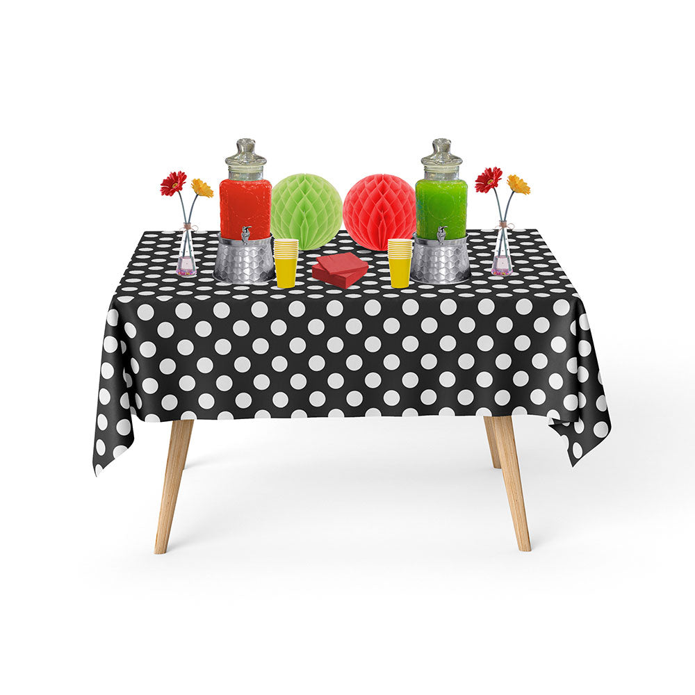 Polka Dot Plastic Tablecloth Roll - Durable Plastic Table Cover Roll | Indoor/Outdoor | 52 Inch X 100 Feet | Water Resistant Tablecover | Disposable Table Cloth with Easy to Use Safe Cutter