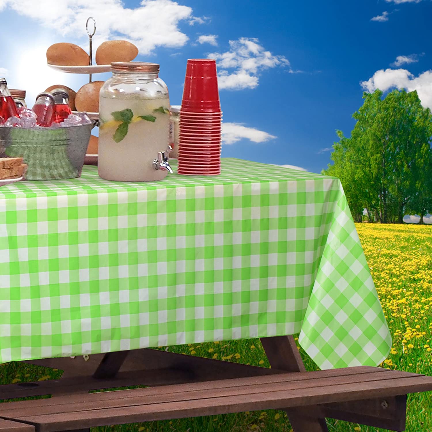 Gingham Picnic / Party Plastic Tablecloth Roll, Disposable Picnic colored Table cloth On a Roll With Self Cutter Box, Cut Tablecloth To Your Own Table Size, Indoor/Outdoor, By Clearly Elegant